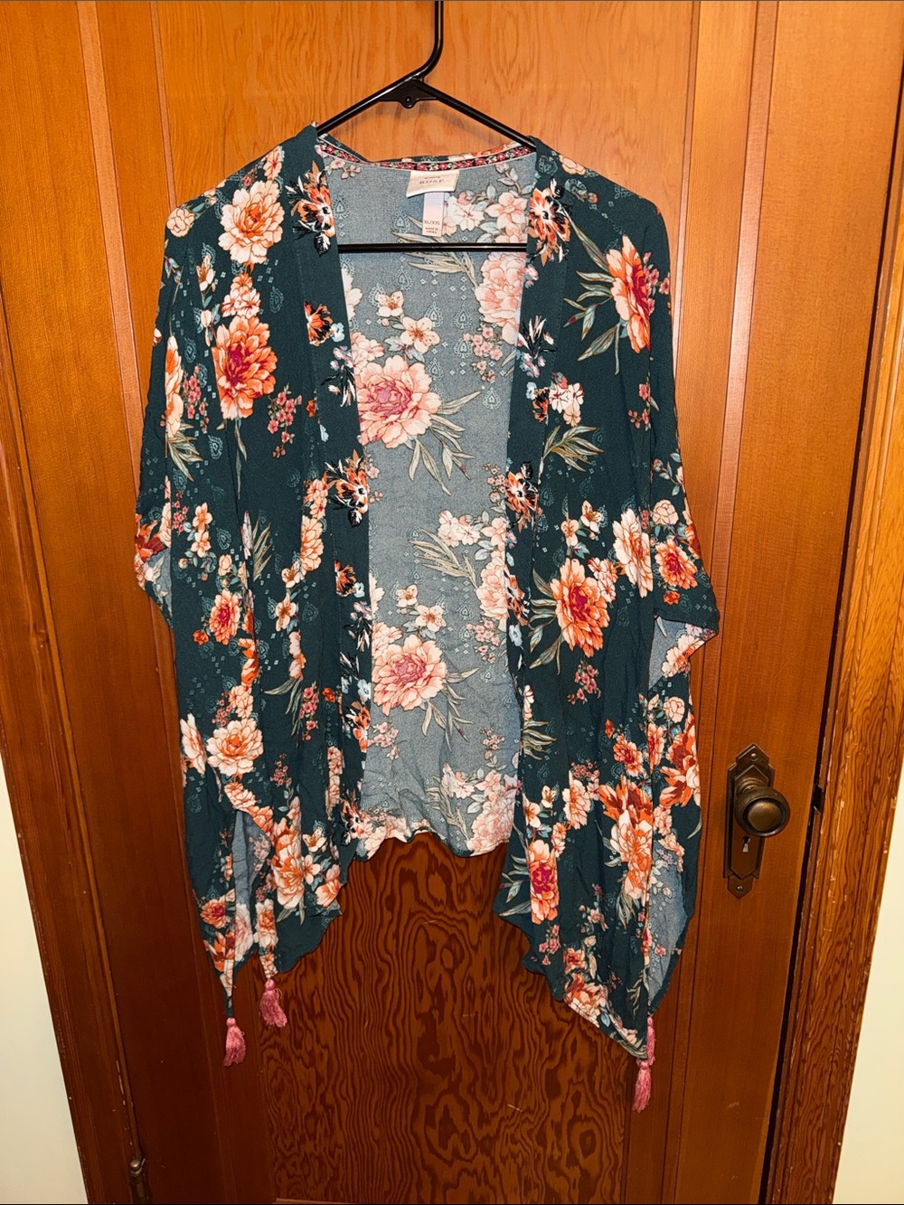 Knox Rose Teal Floral Open-Front Kimono with Tassels